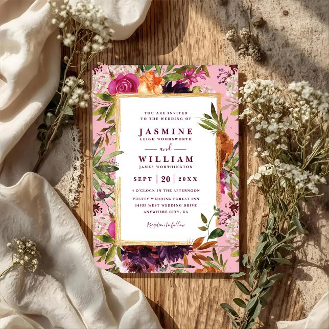 Burgundy Flower Boho Rustic QR Code Wedding Invitation (Creator Uploaded)