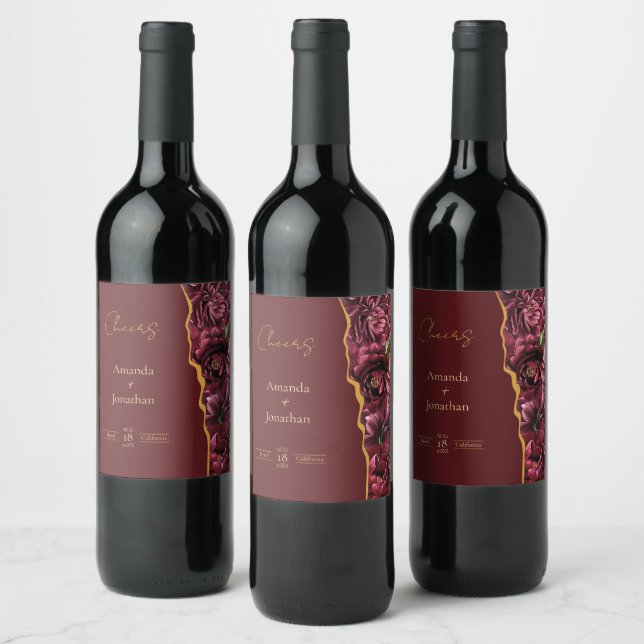 Burgundy Flower Elegance with Gold Accents Wedding Wine Label (Bottles)