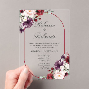 Burgundy flower Elegant Wedding Invitation Spanish