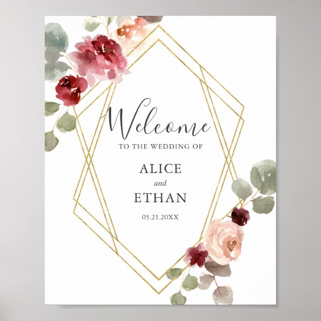 Burgundy Flower Eucalyptus Wedding Welcome Poster (Front)