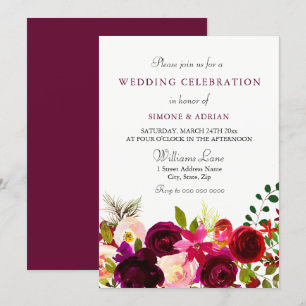 Burgundy Flower Floral Elegant Wedding Celebration Invitation