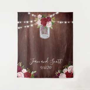 Burgundy Flower Mason Jar Wedding Wood Lights Tapestry