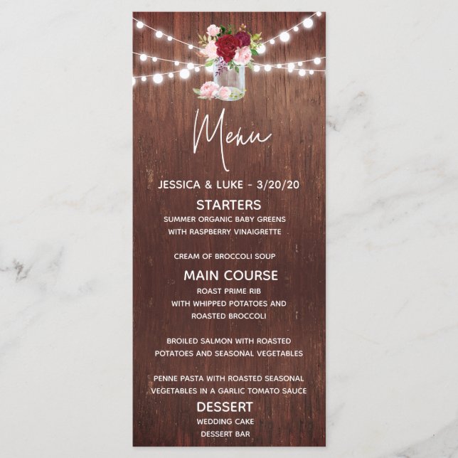 Burgundy Flower Mason Jar Wood Wedding Lights Menu (Front)