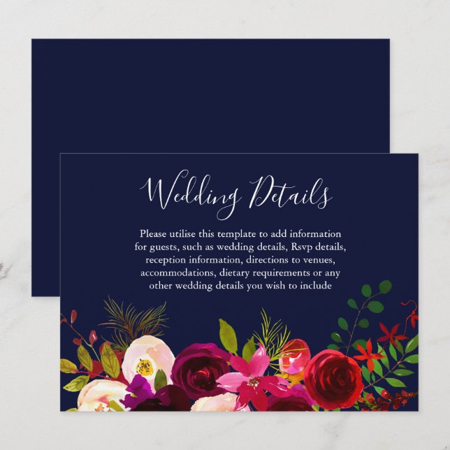 Burgundy Flower Navy Blue Wedding Details Invitation (Front/Back)