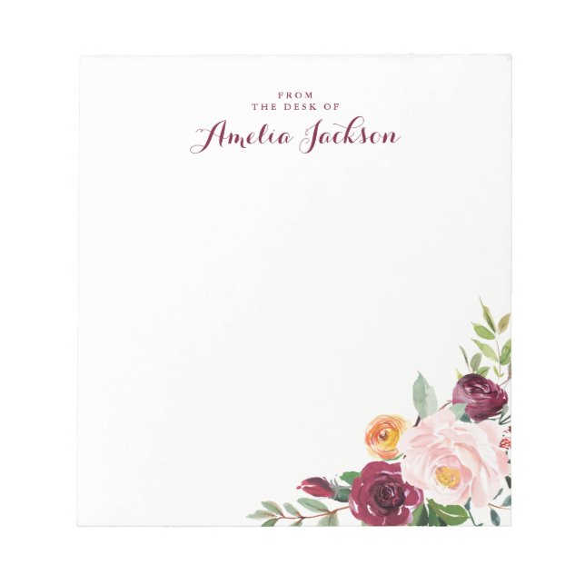 Burgundy Flower Personalised Notepad Stationery (Front)