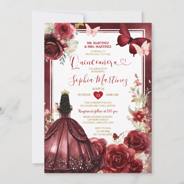 Burgundy Flower Red Princess Butterfly Quinceañera Invitation (Front)