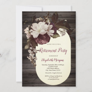 Burgundy Flower Roses Wood Retirement Invitation