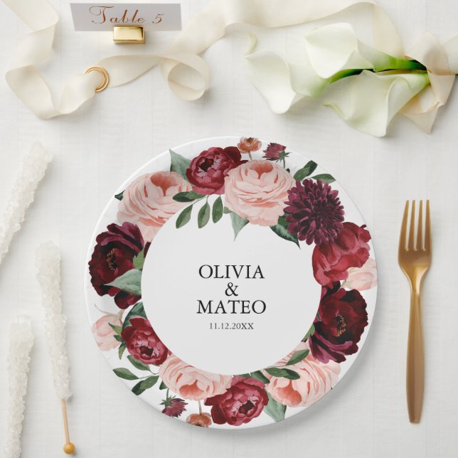 Burgundy Flower Wedding Personalised Paper Plate (Wedding)