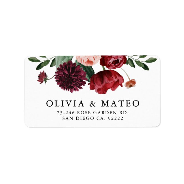Burgundy Flower Wedding Return Address Labels (Front)
