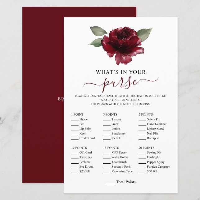 Burgundy Flower What's In Your Purse Game Shower (Front/Back)