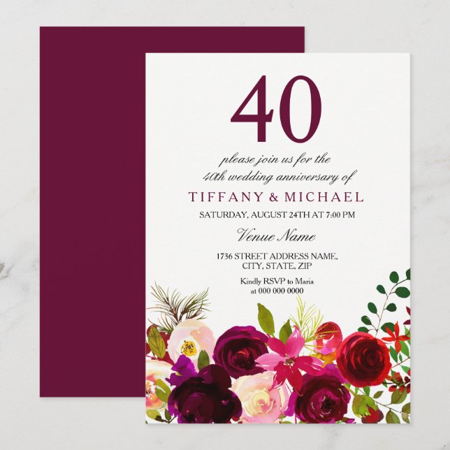Burgundy Flowers 40th Wedding Anniversary Invite (Front/Back)