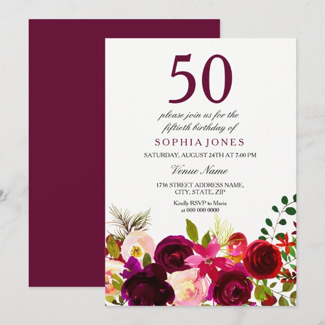 Burgundy Flowers 50th Birthday Party Invitation (Front/Back)