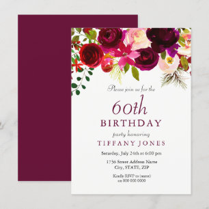 Burgundy Flowers 60th Birthday Party Invitation