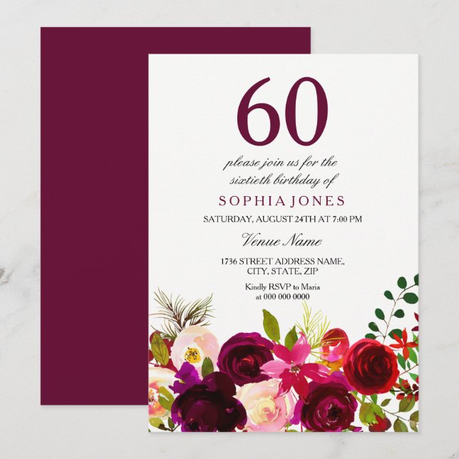 Burgundy Flowers 60th Birthday Party Invitation (Front/Back)