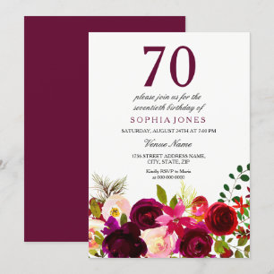 Burgundy Flowers 70th Birthday Party Invitation