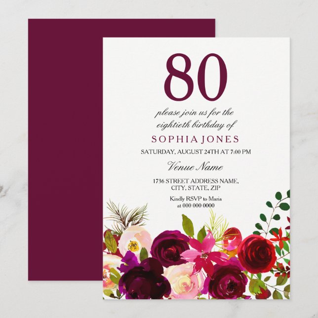 Burgundy Flowers 80th Birthday Party Invitation (Front/Back)