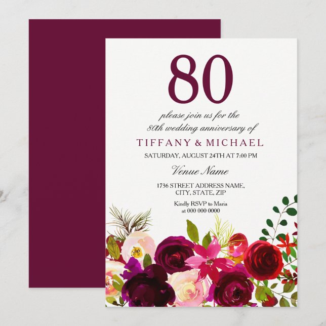 Burgundy Flowers 80th Wedding Anniversary Invite (Front/Back)