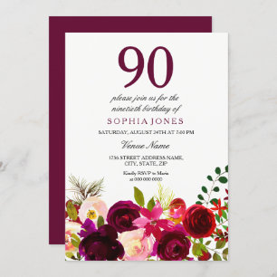 Burgundy Flowers 90th Birthday Party Invitation