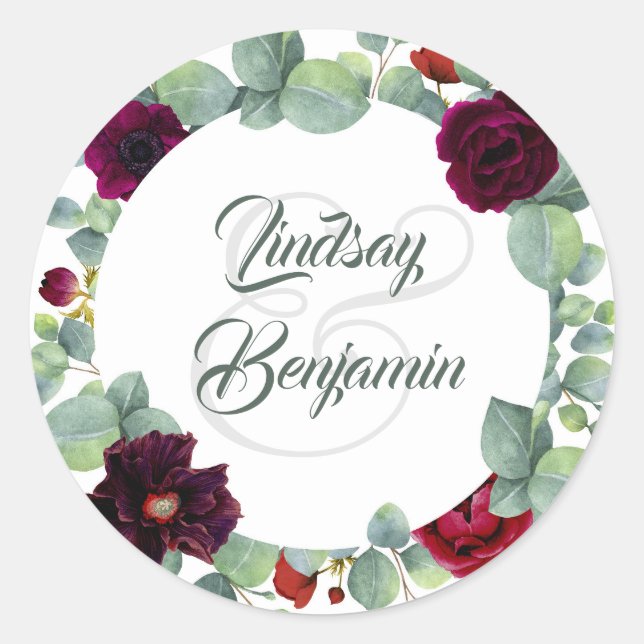 Burgundy Flowers and Eucalyptus Greenery Wedding Classic Round Sticker (Front)