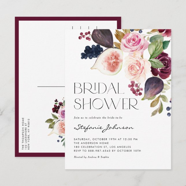Burgundy Flowers and Figs Autumn Bridal Shower Invitation Postcard (Front/Back)