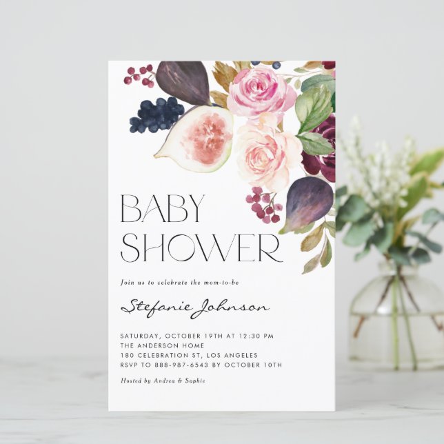 Burgundy Flowers and Figs Baby Shower Invitation (Standing Front)