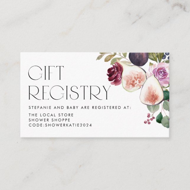 Burgundy Flowers and Figs Baby Shower Registry Enclosure Card (Front)
