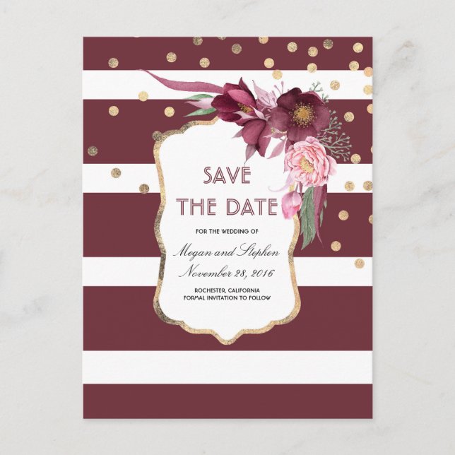 Burgundy Flowers and Gold Confetti Save the Date Announcement Postcard (Front)