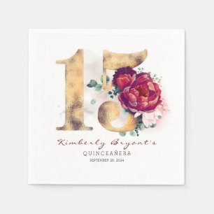 Burgundy Flowers and Gold Typography 15th Birthday Napkin