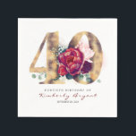Burgundy Flowers and Gold Typography 40th Birthday Napkin<br><div class="desc">Burgundy red flowers and gold letters birthday party paper napkins</div>
