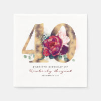 Burgundy Flowers and Gold Typography 40th Birthday