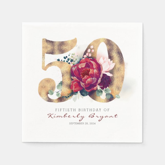 Burgundy Flowers and Gold Typography 50th Birthday Napkin (Front)