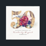 Burgundy Flowers and Gold Typography 50th Birthday Napkin<br><div class="desc">Burgundy red flowers and gold letters birthday party paper napkins</div>