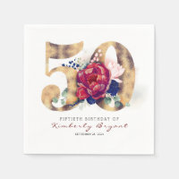 Burgundy Flowers and Gold Typography 50th Birthday