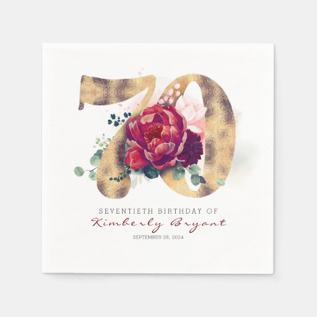 Burgundy Flowers and Gold Typography 70th Birthday Napkin (Front)