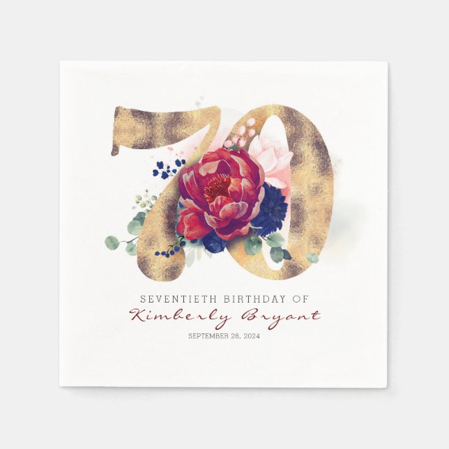 Burgundy Flowers and Gold Typography 70th Birthday Napkin (Front)
