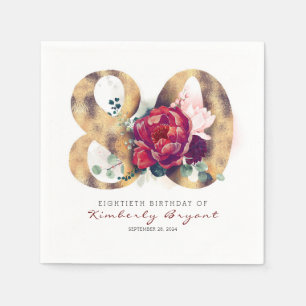 Burgundy Flowers and Gold Typography 80th Birthday Napkin