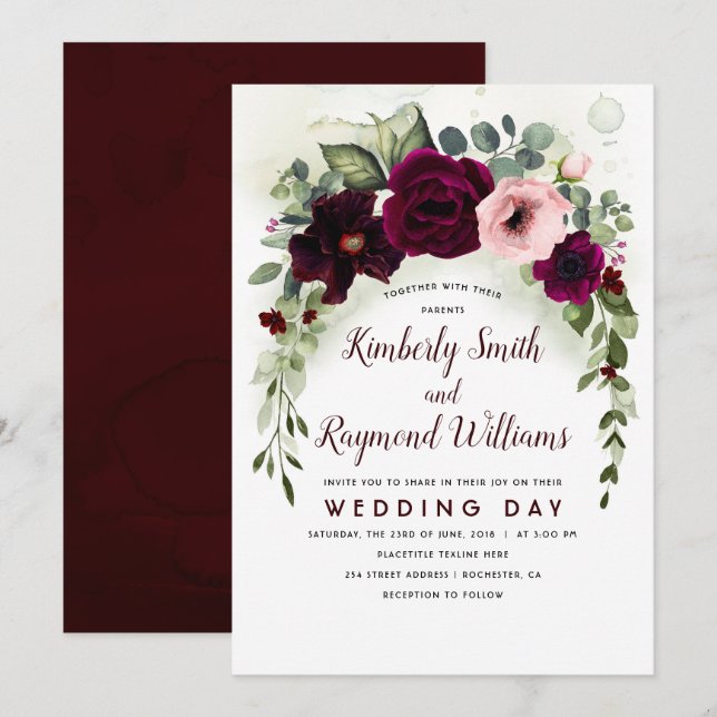 Burgundy Flowers and Greenery Garland Wedding Invitation (Front/Back)