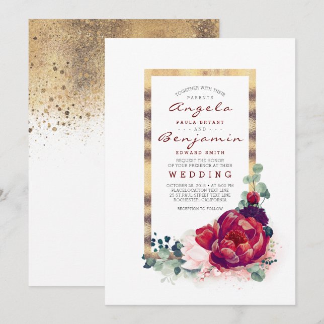 Burgundy Flowers and Modern Gold Frame Wedding Invitation (Front/Back)