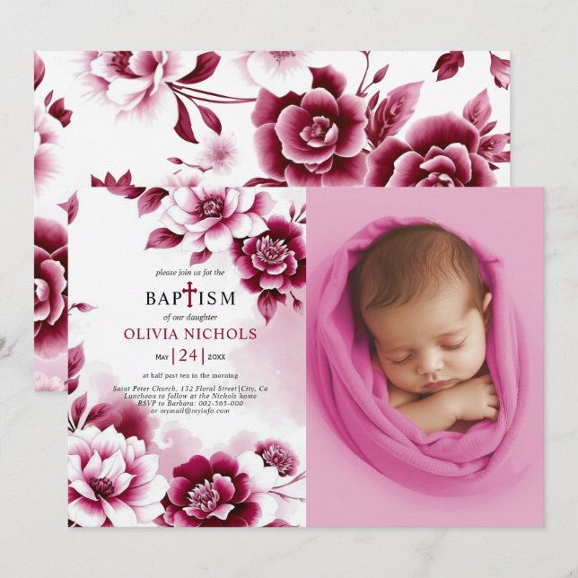 Burgundy flowers and watercolor girl Baptism photo Invitation (Front/Back)