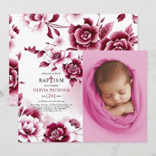 Burgundy flowers and watercolor girl Baptism photo Invitation
