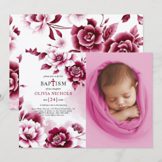 Burgundy flowers and watercolor girl Baptism photo Invitation