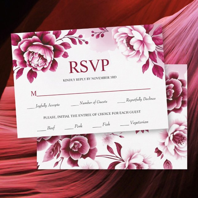 Burgundy flowers and watercolor wash wedding RSVP card (Creator Uploaded)
