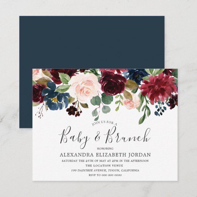 Burgundy Flowers Baby & Brunch Baby Shower invite (Front/Back)