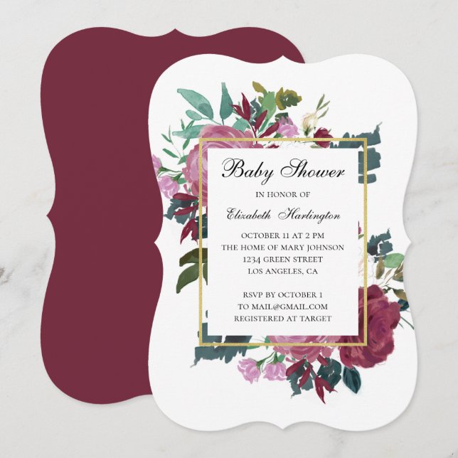 Burgundy flowers baby shower. Maroon invitation (Front/Back)