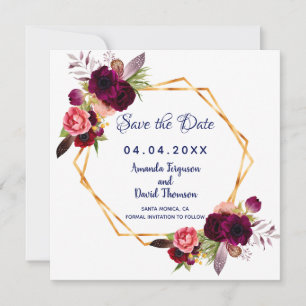 Burgundy Flowers Blue Wedding Save the date