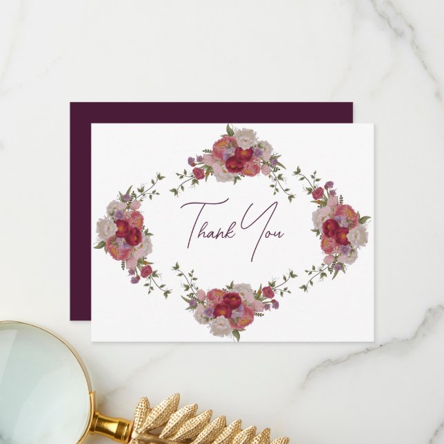 Burgundy Flowers Bridal Shower Thank You Card (Front/Back In Situ)
