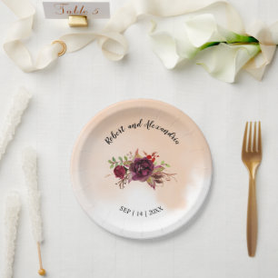 Burgundy Flowers Bridal Shower Wedding Reception  Paper Plate