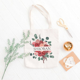 Burgundy Flowers Bridesmaid Custom Name Tote Bag