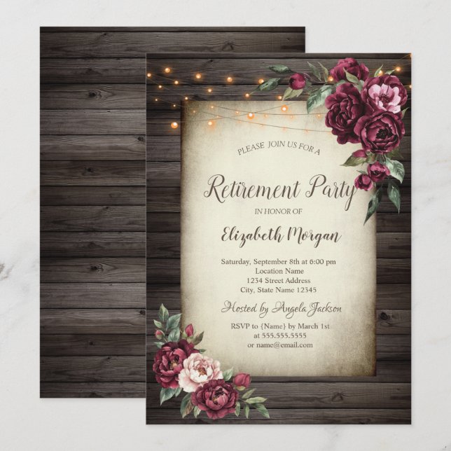 Burgundy Flowers Brown Wood Retirement Invitation (Front/Back)