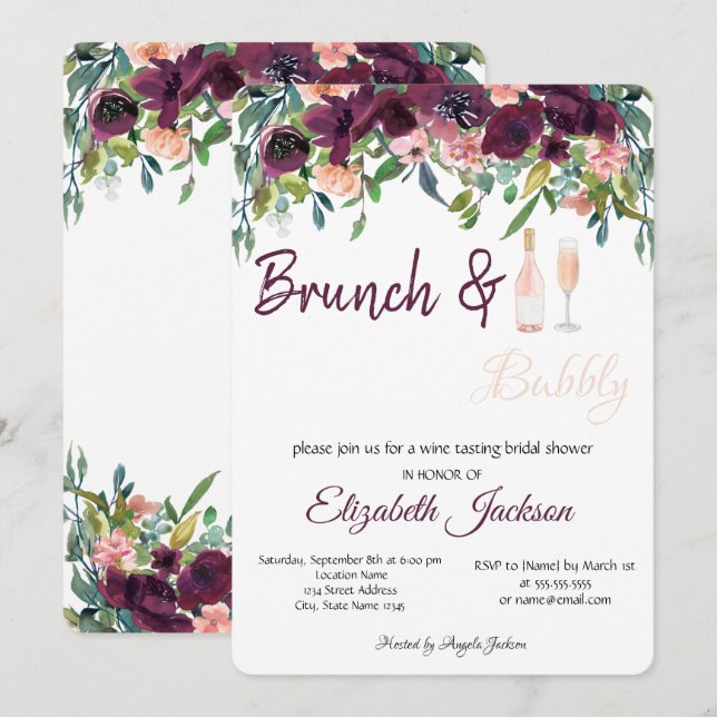Burgundy Flowers Brunch & Bubbly Bridal Shower   Invitation (Front/Back)